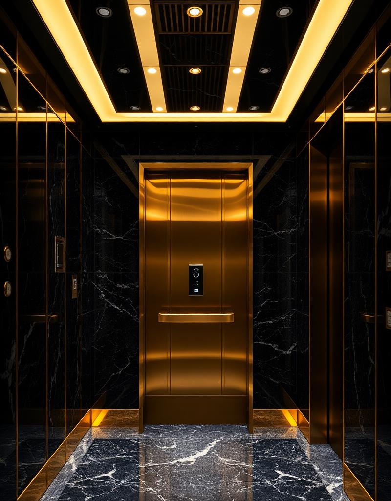 A luxurious elevator interior with warm lighting